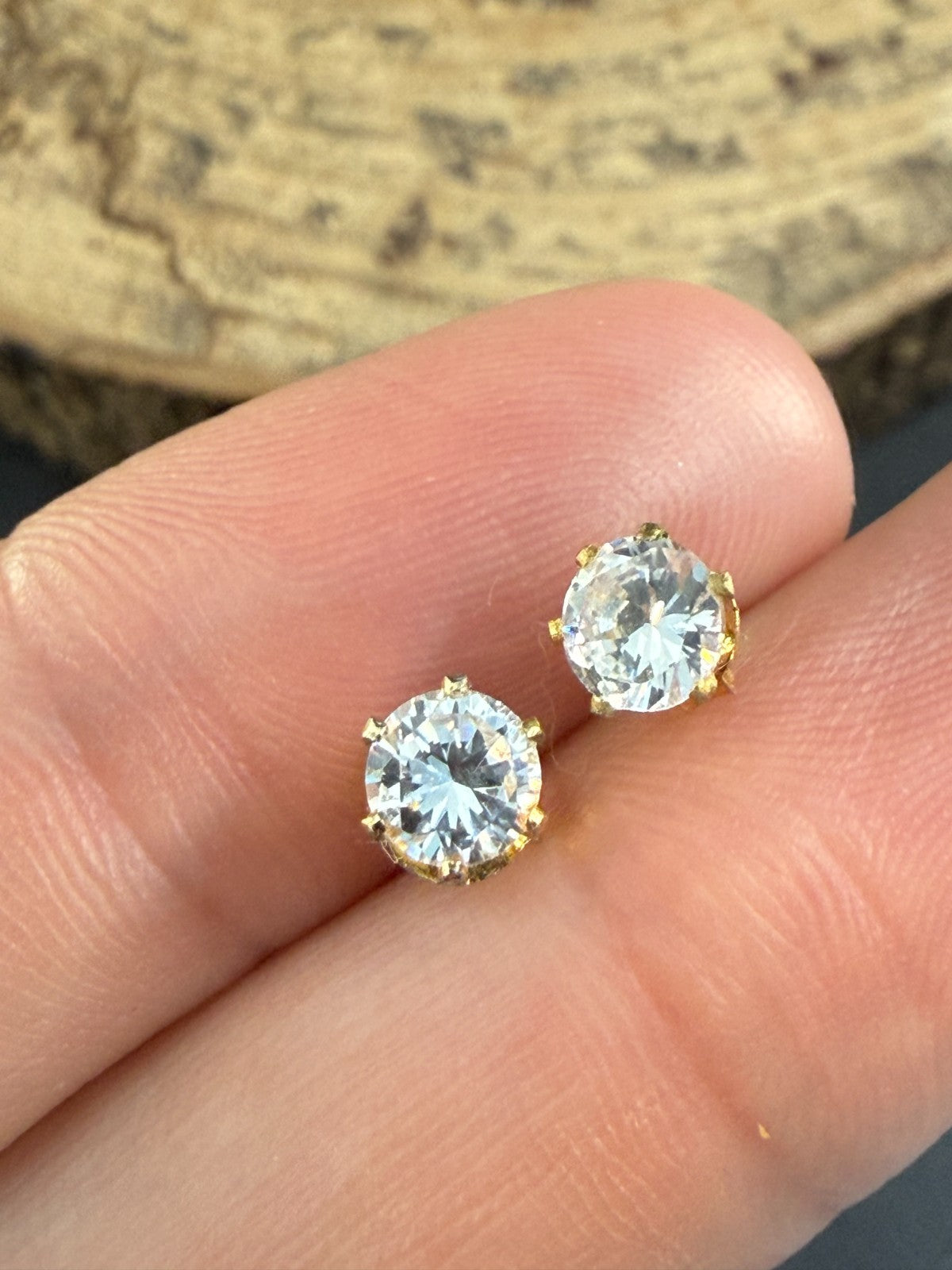 Vintage Goshenite Stud Earrings Gold Tone Round Brilliant Cut White Beryl Studs