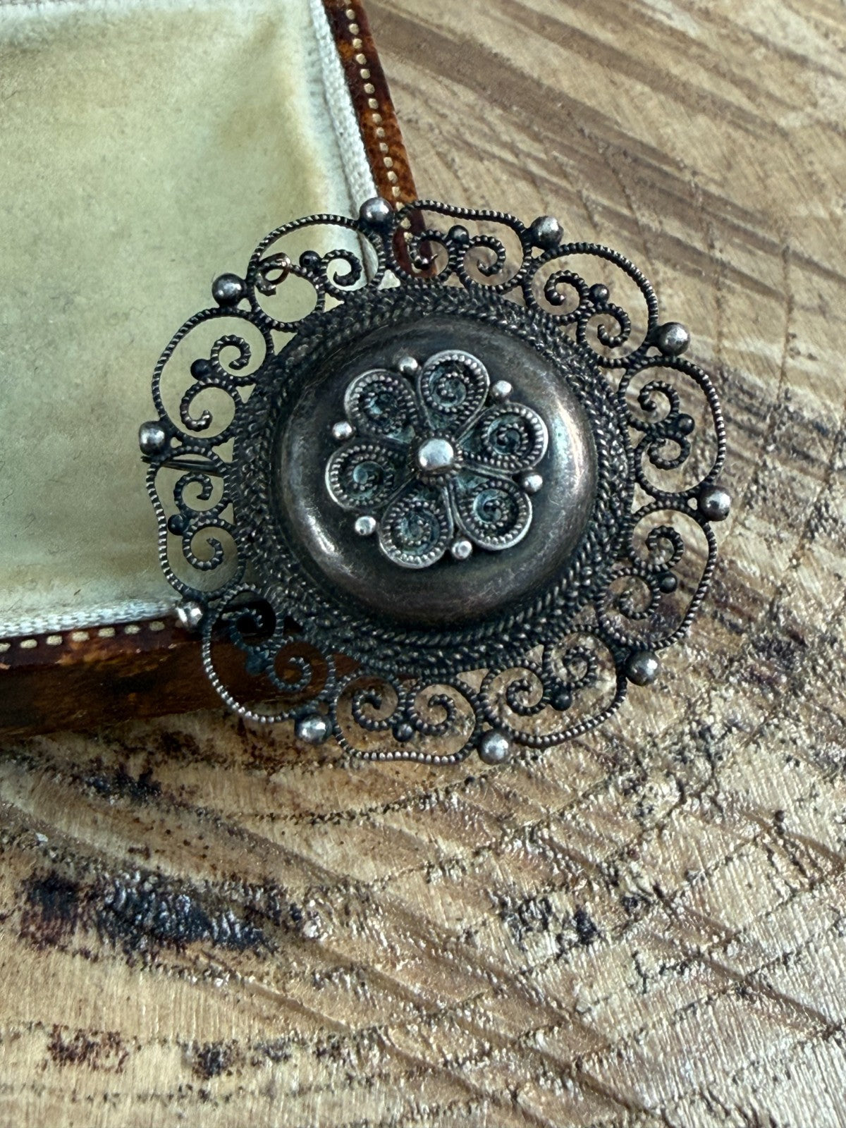 Antique Scandinavian 830 Silver Filigree Brooch Scrollwork Floral Rosette Pin