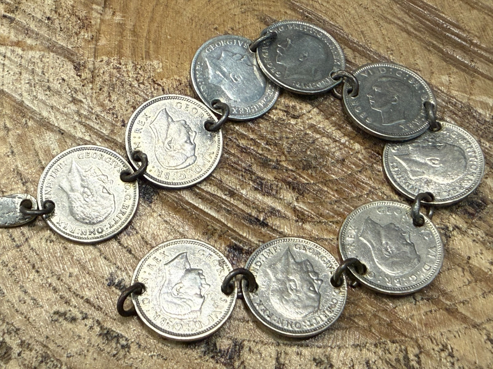 Vintage Silver Three Pence Coin Bracelet Mixed 1916-1938 Threepence 17cm Long