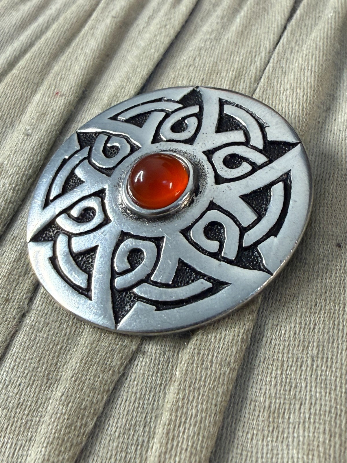 Vintage St Justin Pewter Brooch Celtic Knotwork Round Pin Orange Glass Cabochon