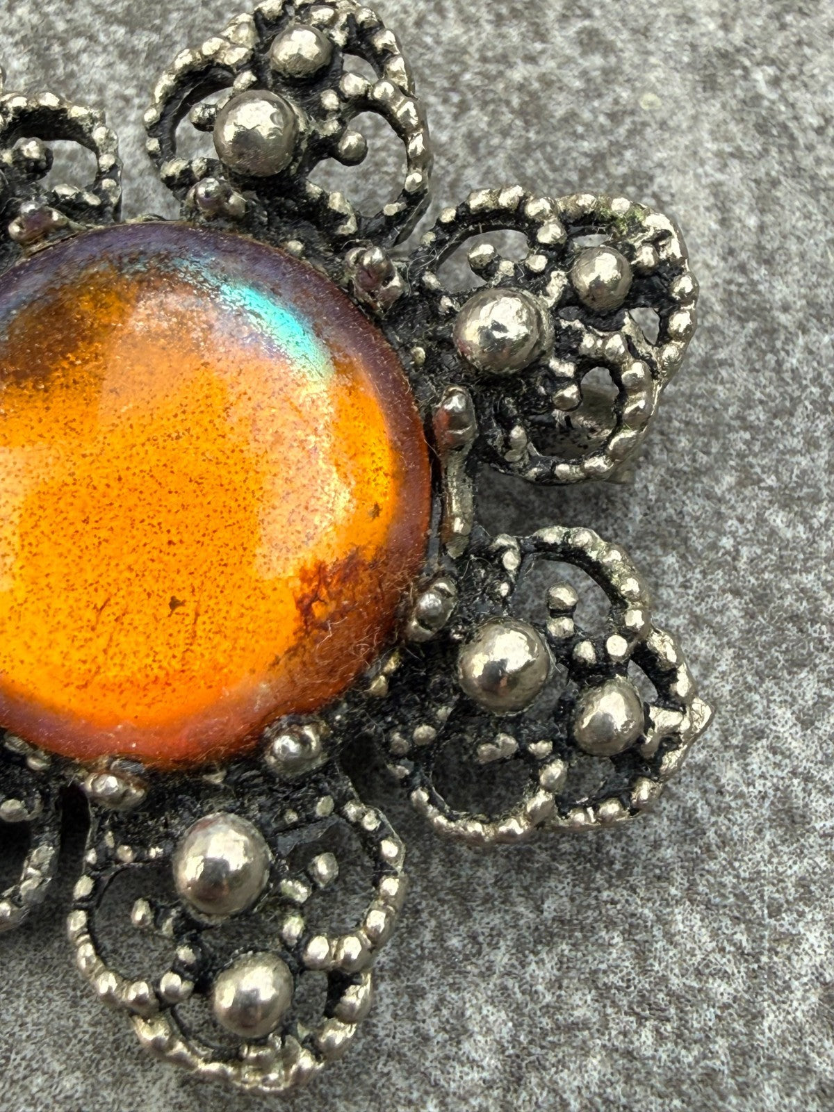 Vintage Flower Brooch Silver Tone Orange Foil Backed Glass Cabochon Floral Pin