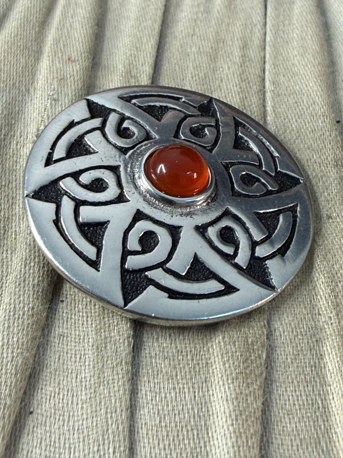 Vintage St Justin Pewter Brooch Celtic Knotwork Round Pin Orange Glass Cabochon