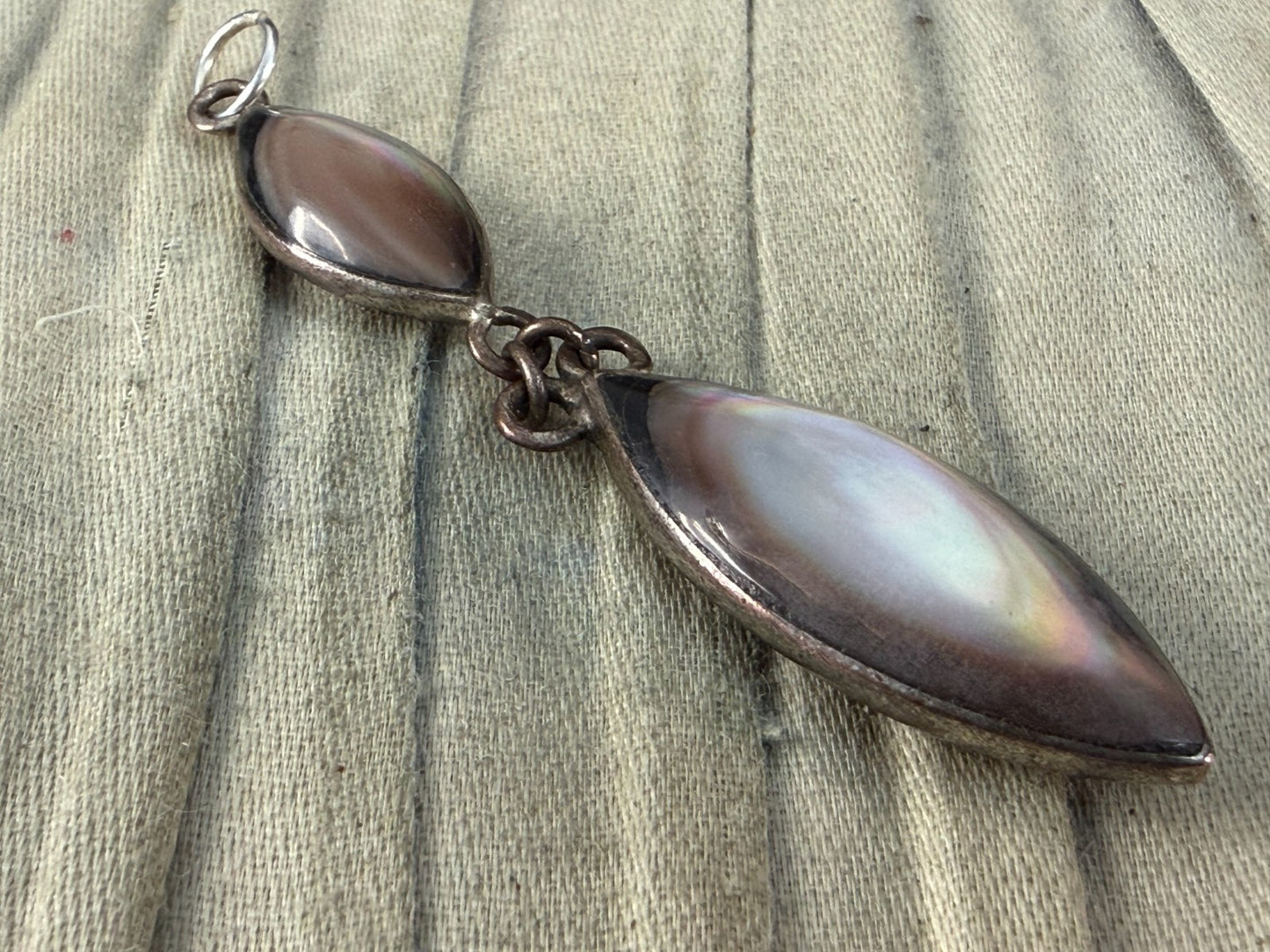 Vintage Silver Tone Double Drop Pendant Grey Mother of Pearl Marquise MOP