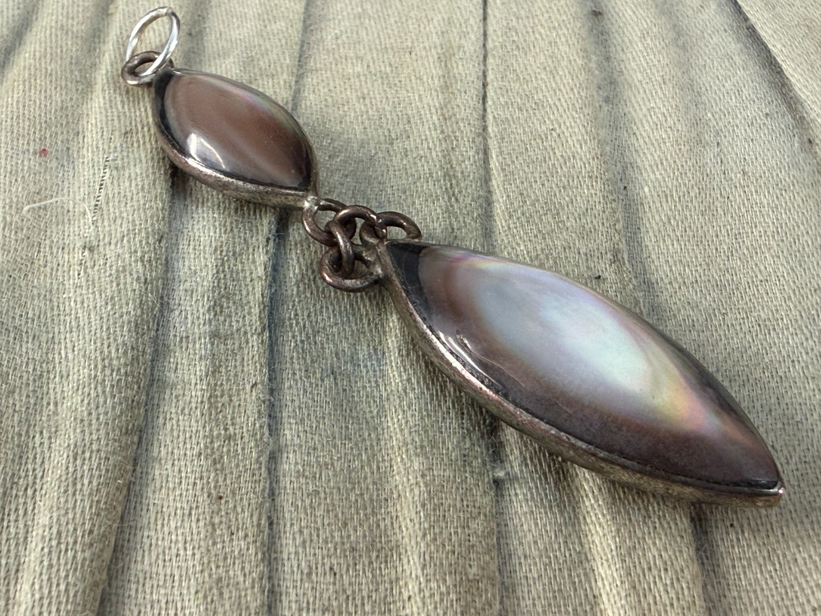 Vintage Silver Tone Double Drop Pendant Grey Mother of Pearl Marquise MOP