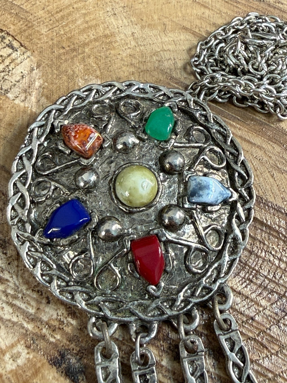 Vintage Silver Tone Celtic Knotwork Disc Pendant Necklace Multicolour Glass