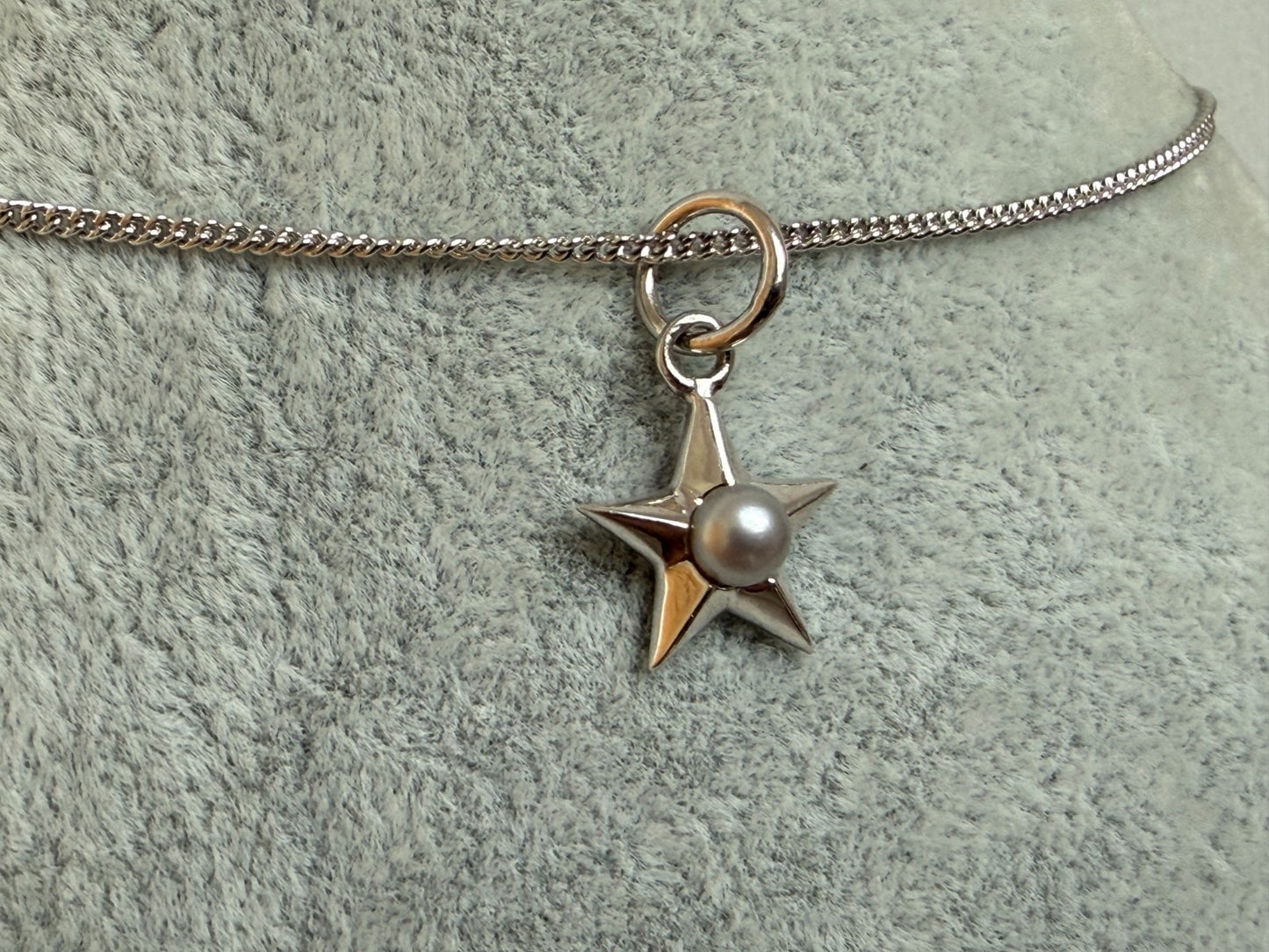 Sterling Silver 925 Star Pearl Pendant Necklace Curb Chain 52cm CB Mark
