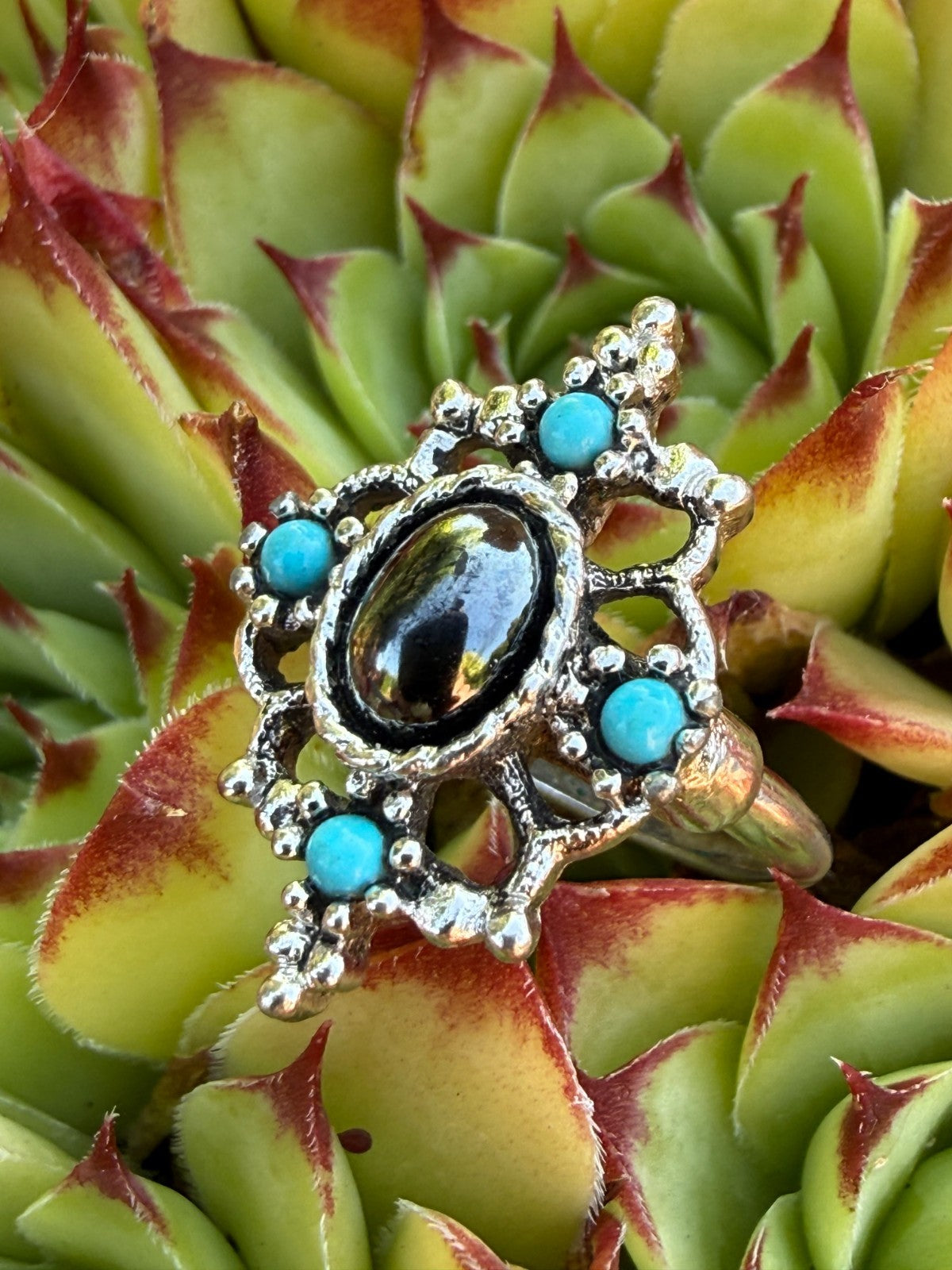 Vintage AVON Mirabella Ring Hematite Faux Turquoise Silver Tone 1970s Size L