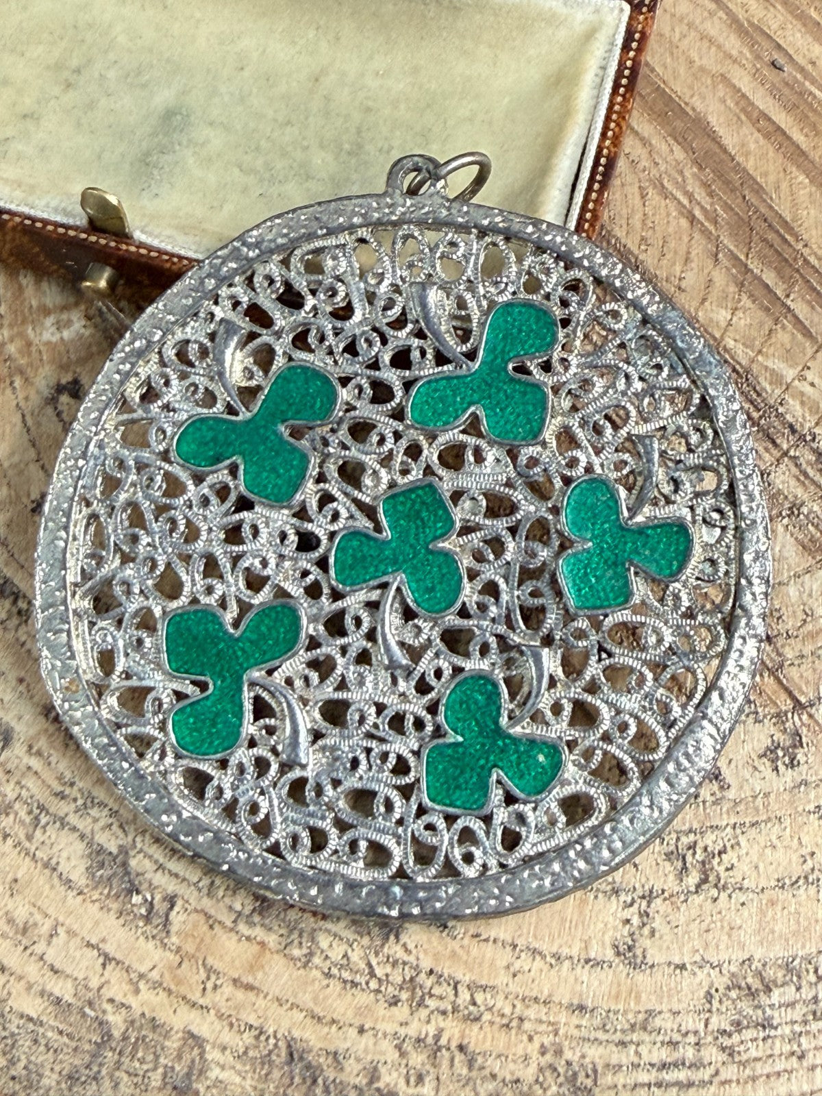 Vintage Silver Tone Shamrock Pendant Green Enamel Openwork Celtic Clover Lucky