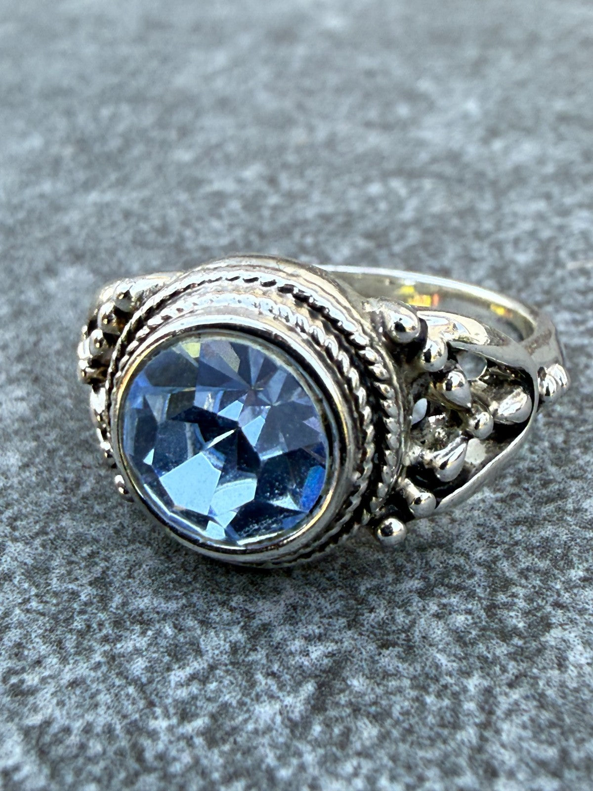 Sparkly Pale Blue Ring Silver Tone Glass Paste Cocktail Statement Size S