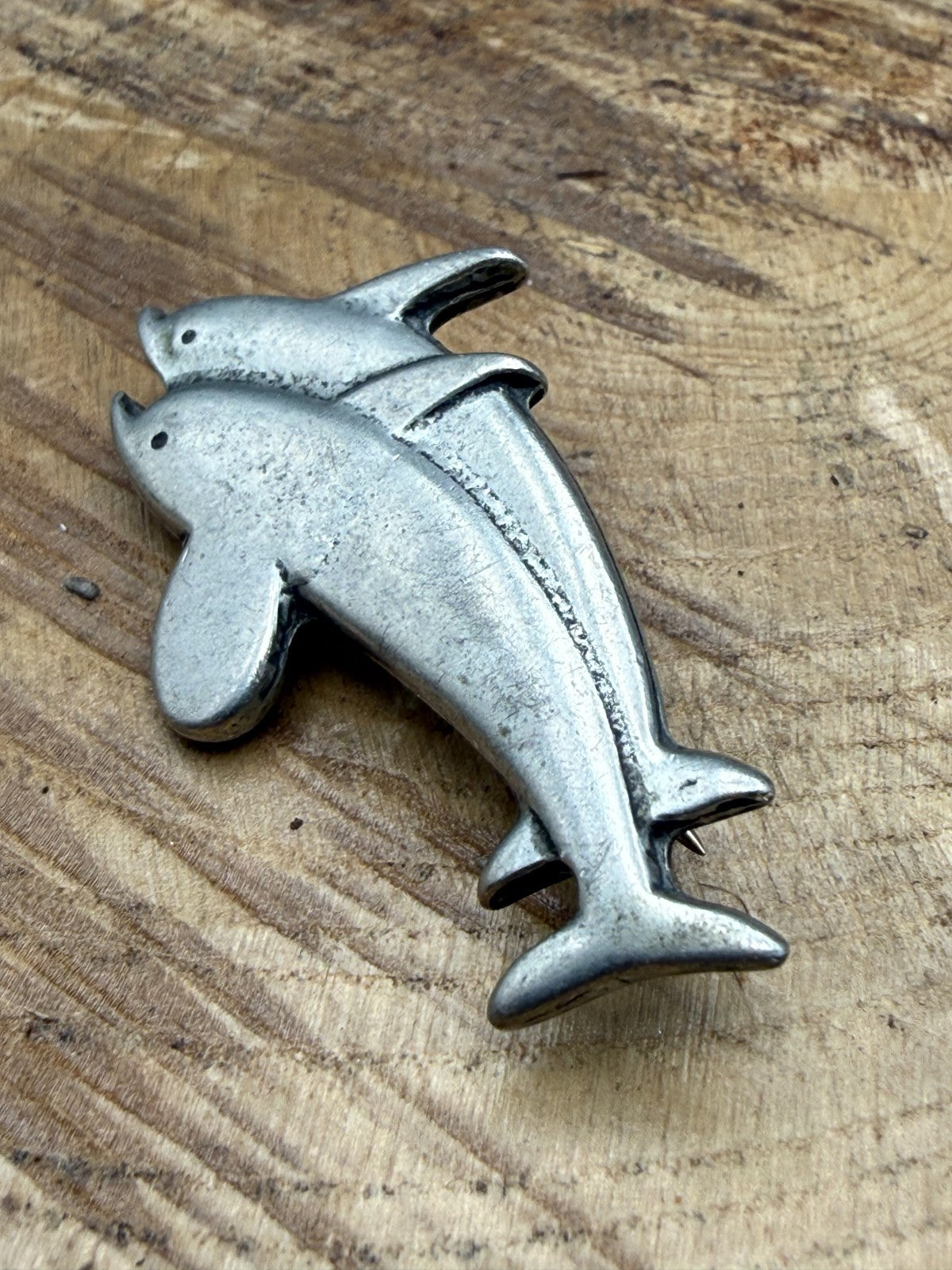 Vintage Pewter Dolphin Brooch Pin Silver Tone Pin Sealife Pair Animal Jumping