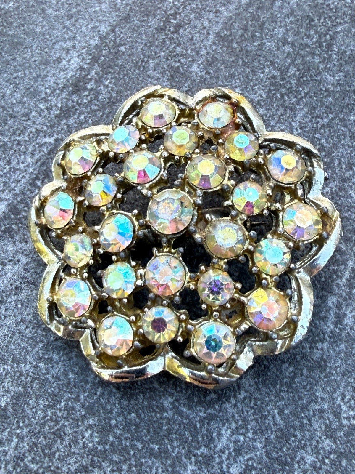 Vintage Yellow Aurora Borealis Brooch Gold Tone Rhinestone Sparkly Mid Century