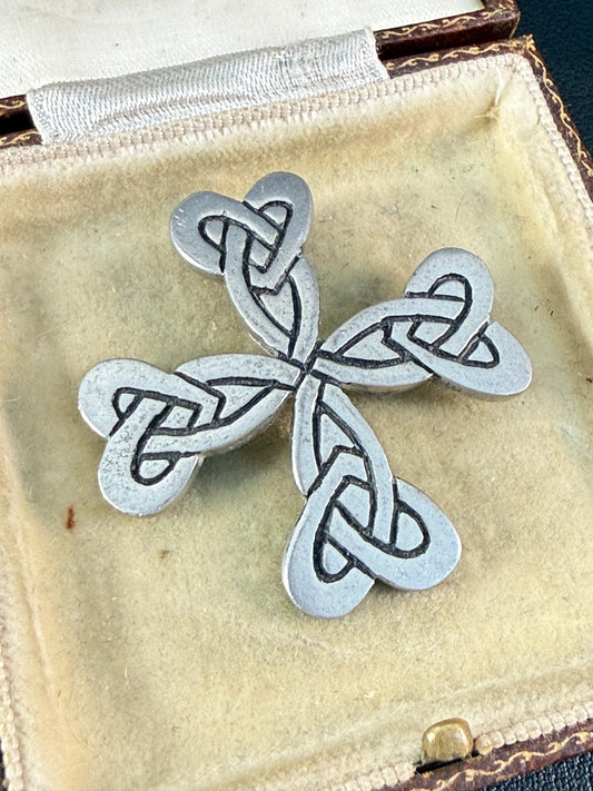 Vintage St Justin Pewter Celtic Cross Knotwork Brooch Pin Cornish Silver Tone
