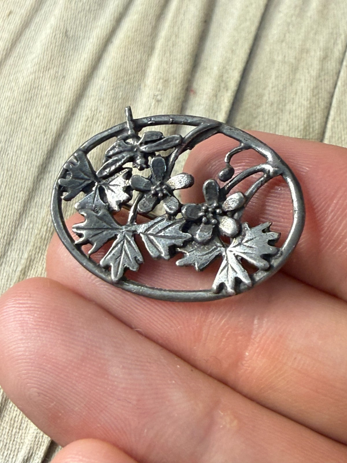 Vintage MASJ Silver Scenes Floral Brooch Pin Plated Pewter Oval Flower Geranium