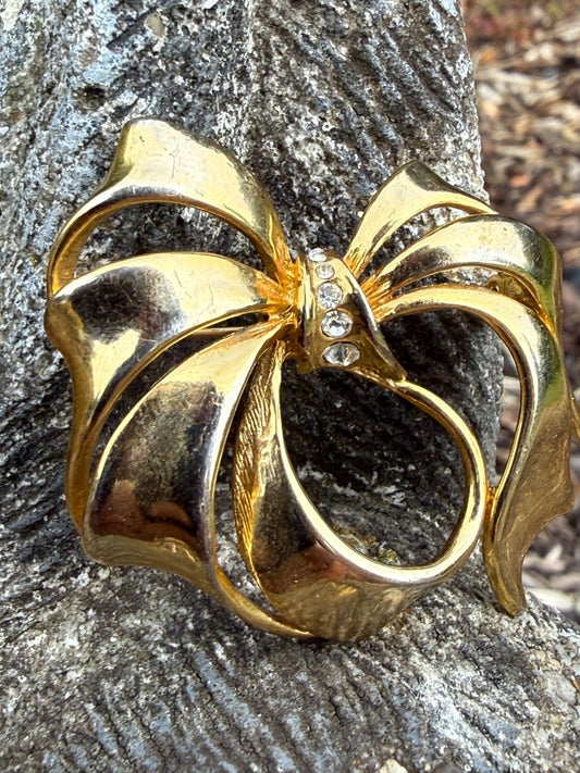 Vintage Bow Brooch Gold Tone Pin Ribbon Rhinestone Sparkly Shiny 20th Century