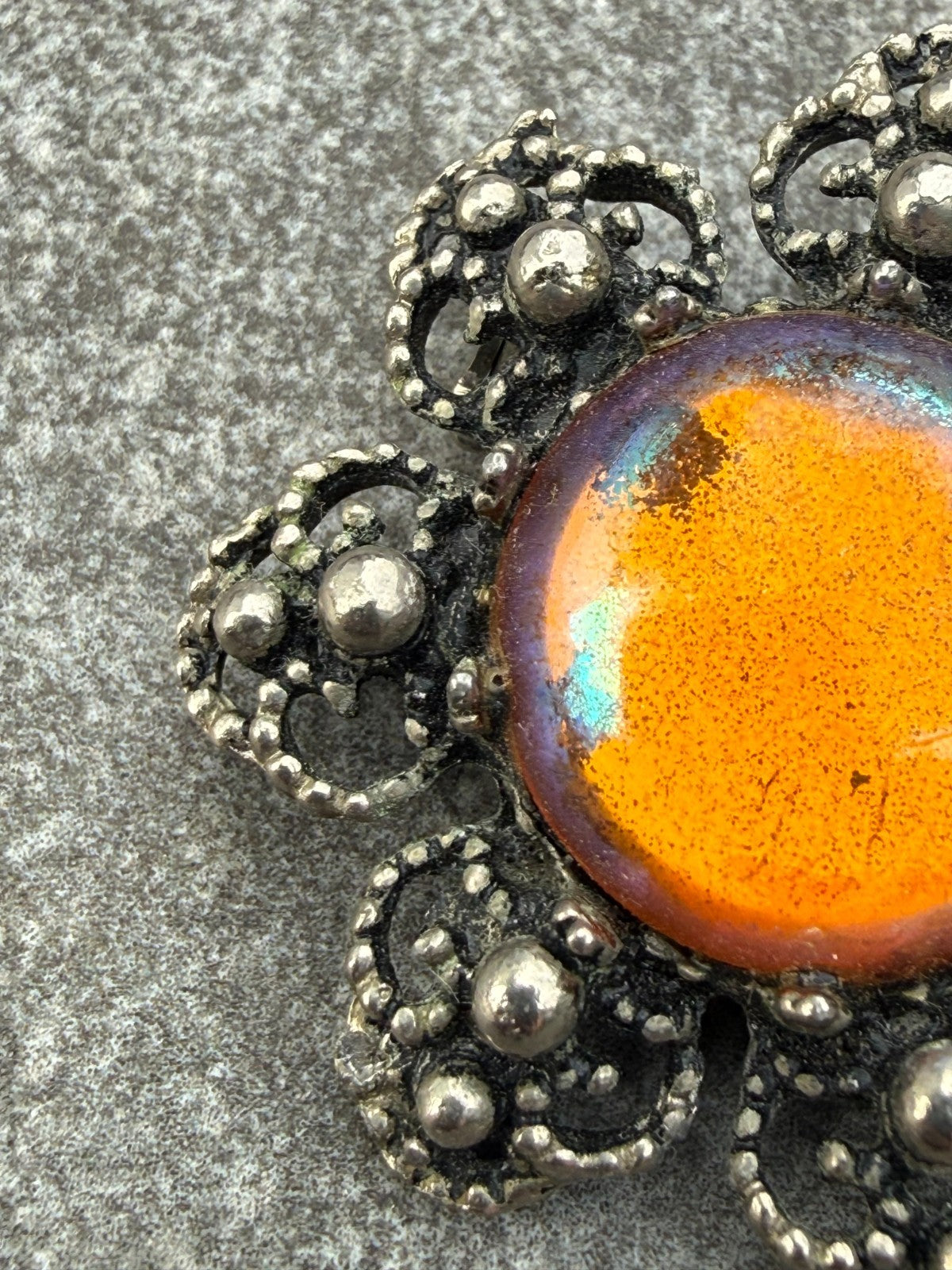 Vintage Flower Brooch Silver Tone Orange Foil Backed Glass Cabochon Floral Pin