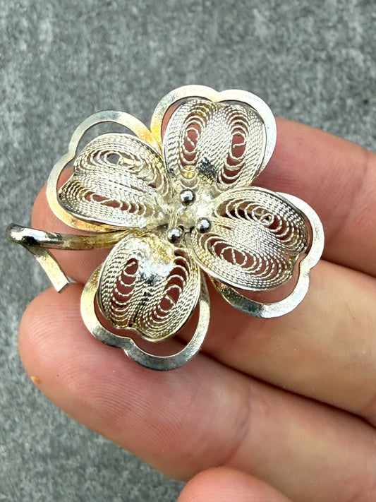 Vintage Four Leaf Clover Brooch Silver Tone Pin Floral Filigree Mid Century