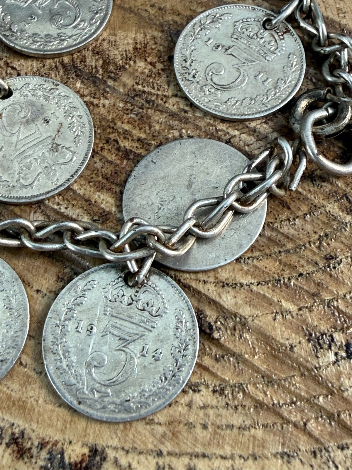 Antique Victorian George V Silver Threepenny Bit Coin Charm Bracelet 1867-1935