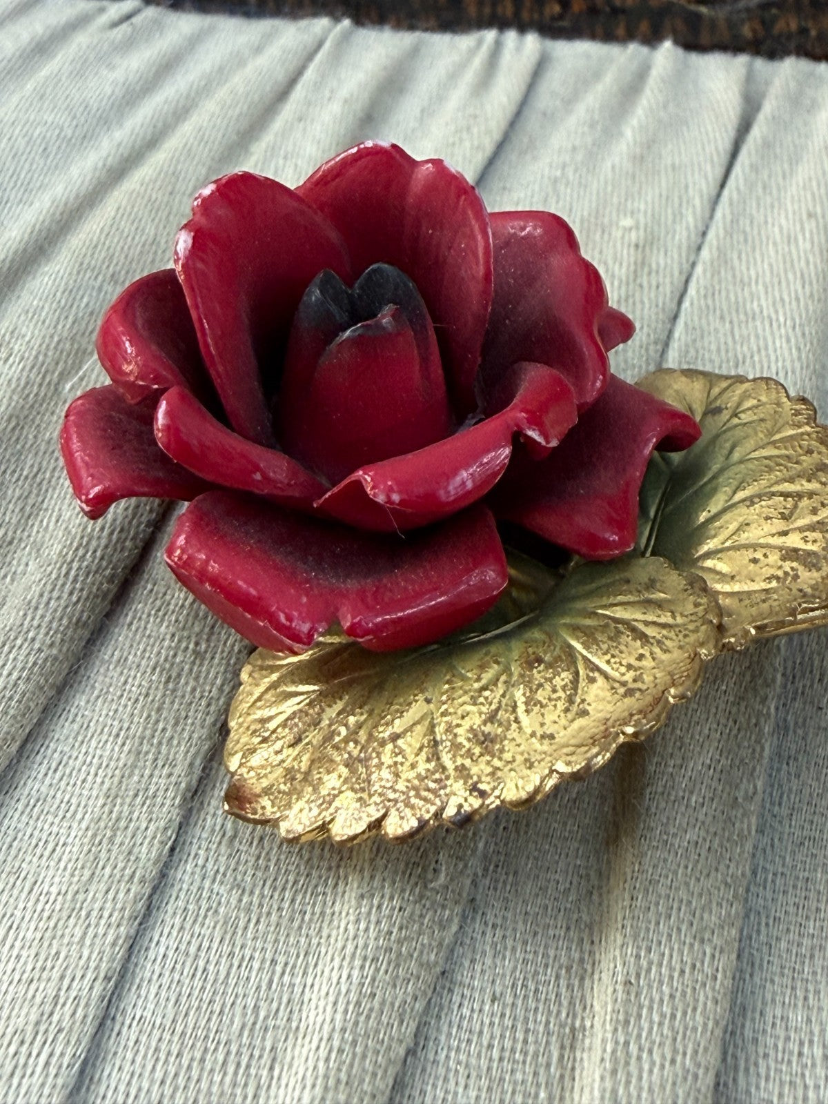 Vintage Red Rose Brooch Gold Tone Leaf Base Painted Plastic Floral 1970s 1980s