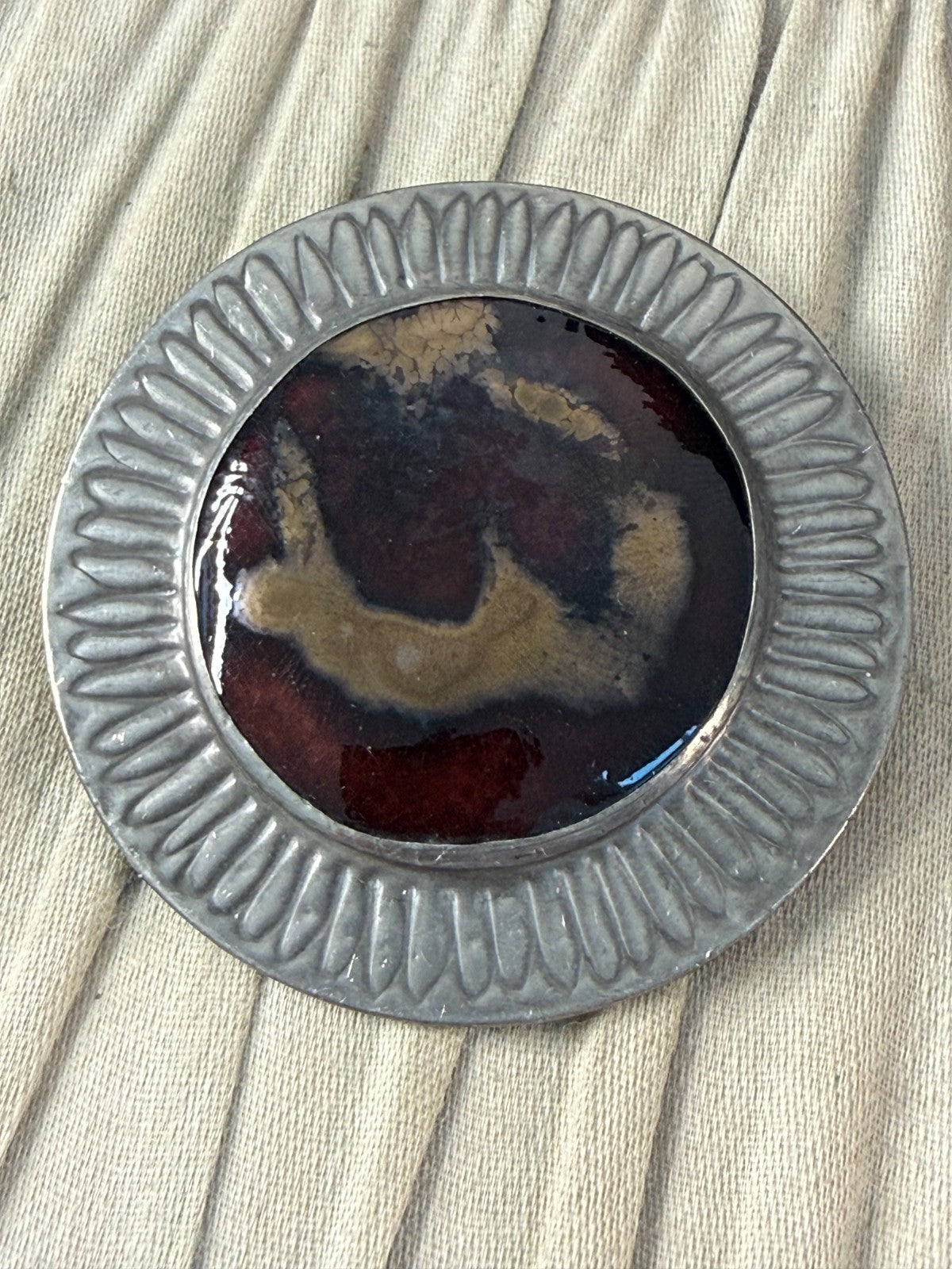 Vintage Ruskin Style Brooch Pin Arts & Crafts Glass Cabochon Large Silver Tone