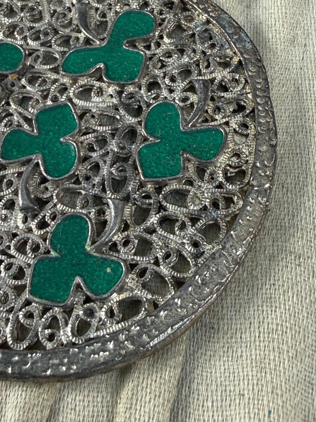 Vintage Silver Tone Shamrock Pendant Green Enamel Openwork Celtic Clover Lucky