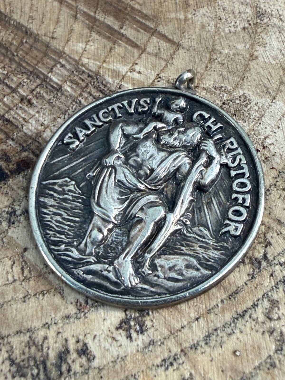 Vintage St Christopher Medal Pendant Silver Tone Sanctus Christofor Inscribed