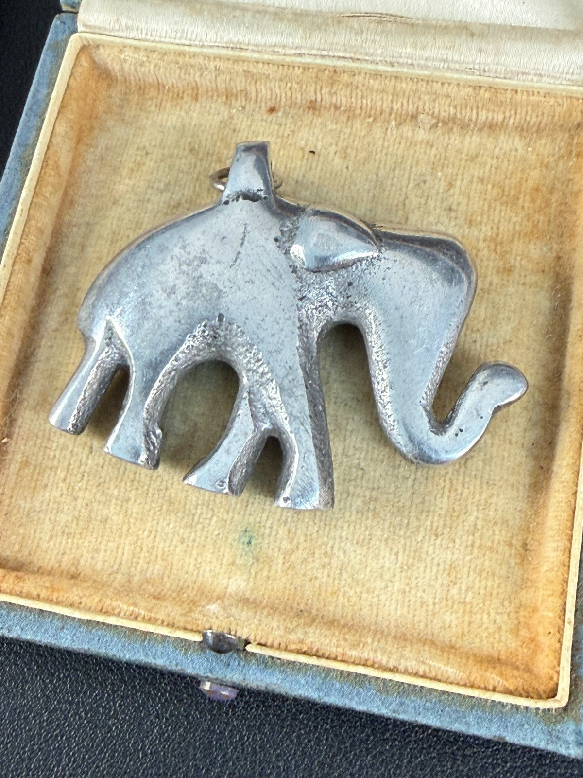 Vintage Elephant Pendant Trunk Up Lucky Charm Large Heavy Cast Silver Tone