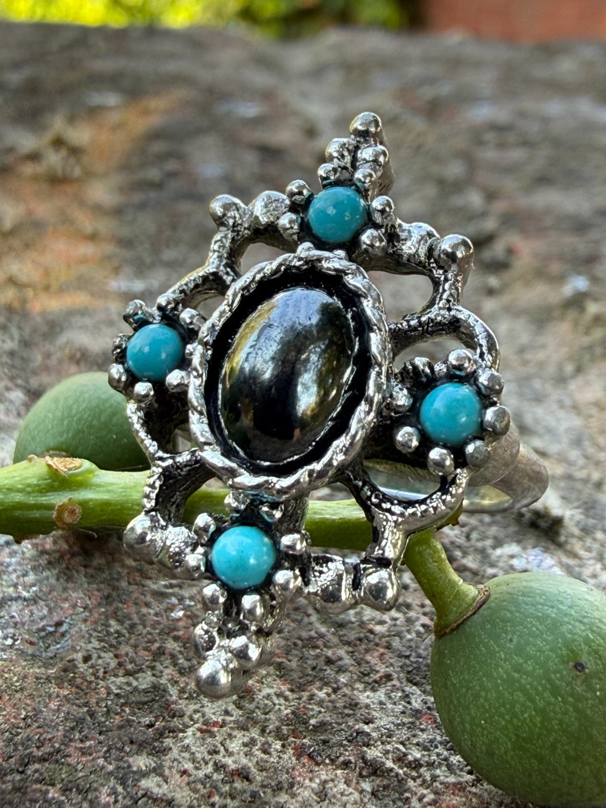 Vintage AVON Mirabella Ring Hematite Faux Turquoise Silver Tone 1970s Size L