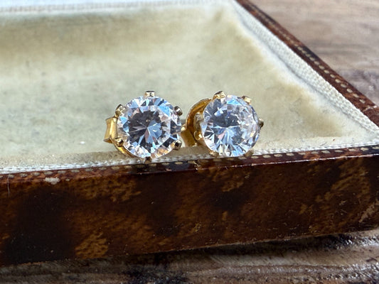 Vintage Goshenite Stud Earrings Gold Tone Round Brilliant Cut White Beryl Studs