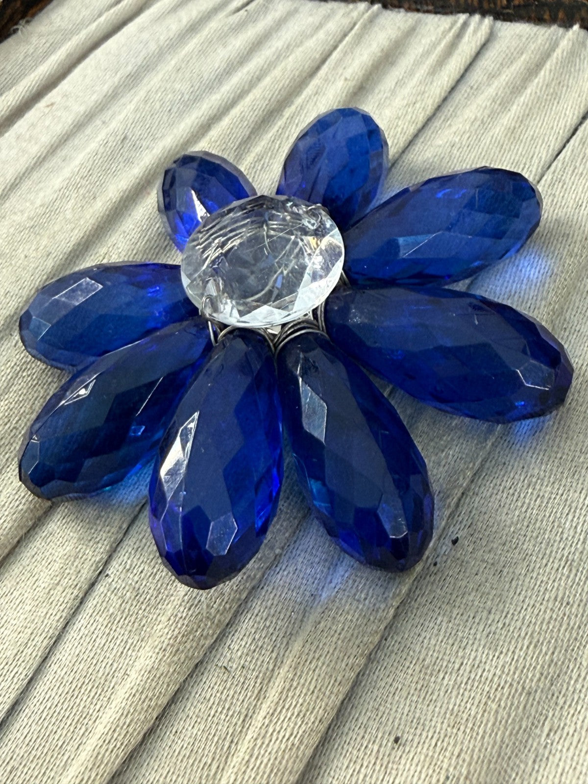 Vintage Cobalt Blue Brooch Faceted Plastic Daisy Flower Statement Pin