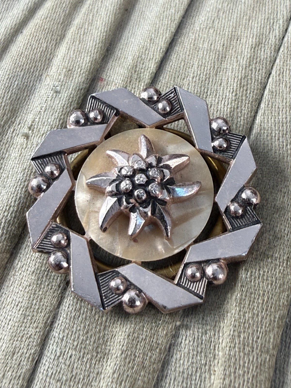 Vintage Edelweiss Scarf Clip Rose Gold Tone Alpine Flower Celluloid Pin
