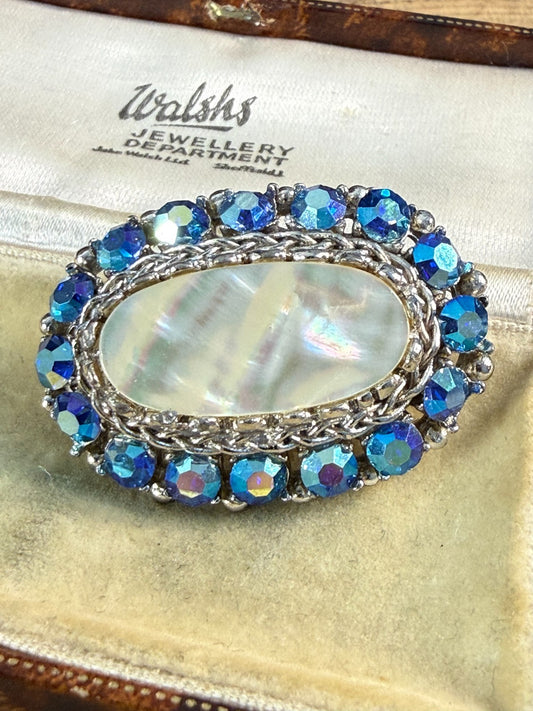 Vintage Sparkly Sphinx Brooch Pin Mother of Pearl Silver Tone Blue AB Rhinestone