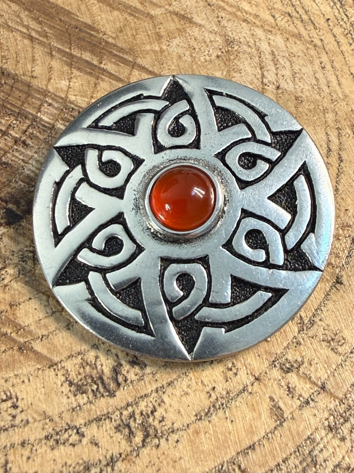 Vintage St Justin Pewter Brooch Celtic Knotwork Round Pin Orange Glass Cabochon