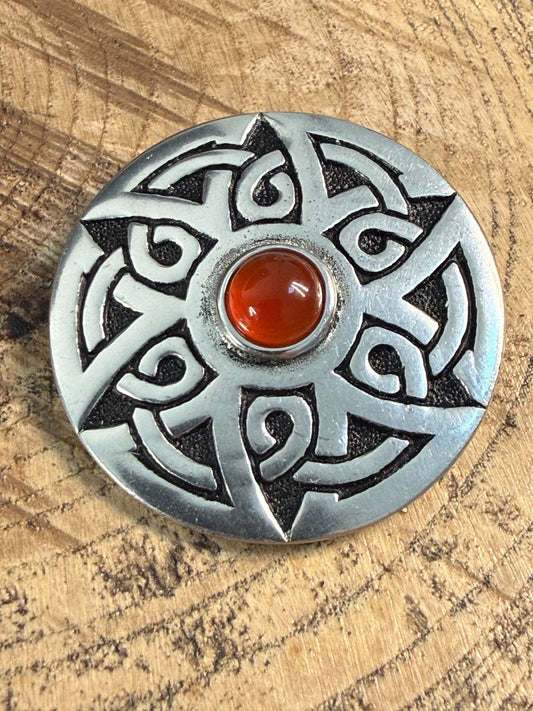 Vintage St Justin Pewter Brooch Celtic Knotwork Round Pin Orange Glass Cabochon