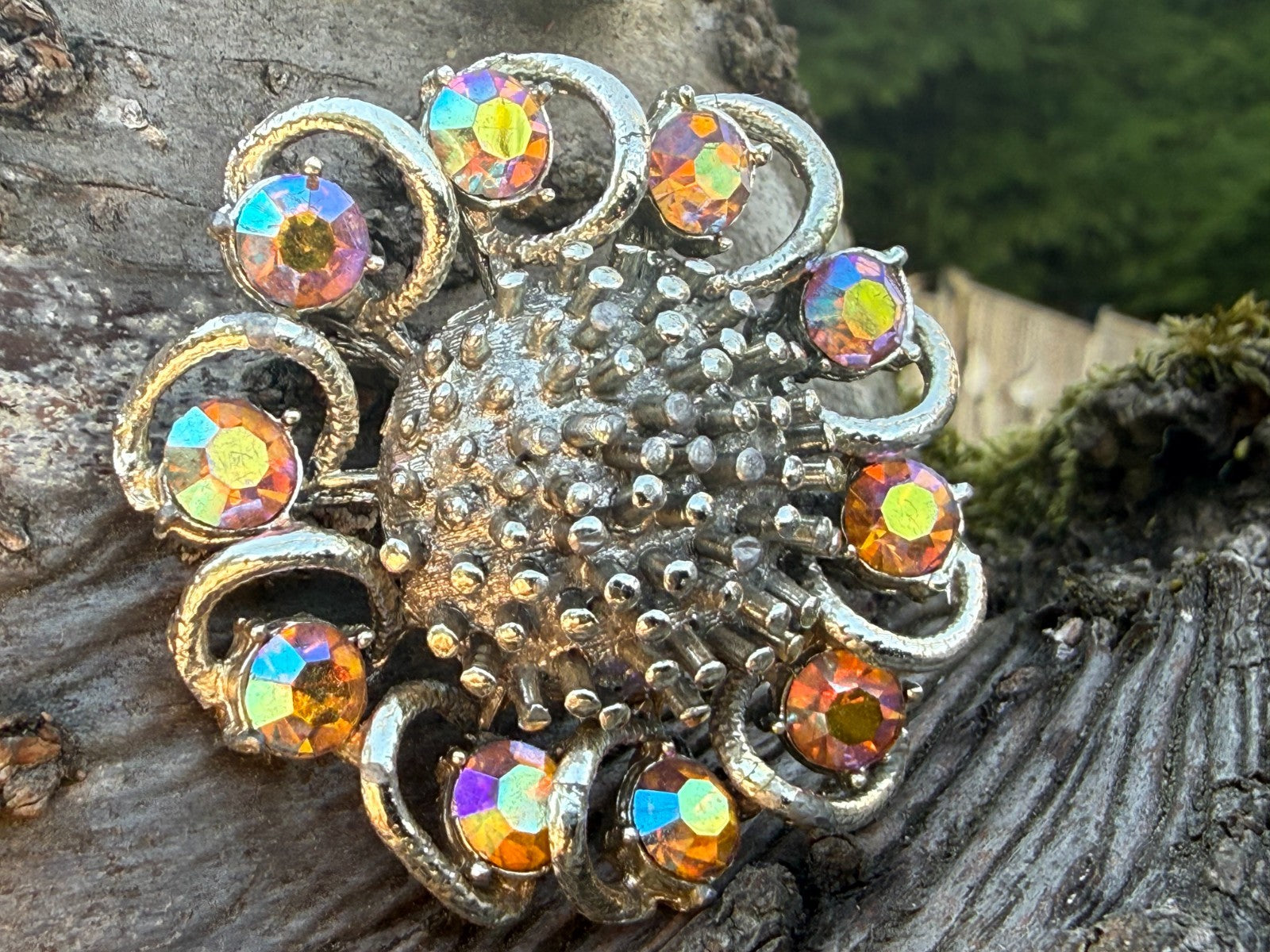 Vintage Aurora Borealis Flower Brooch Silver Tone Floral Rhinestone Sparkly