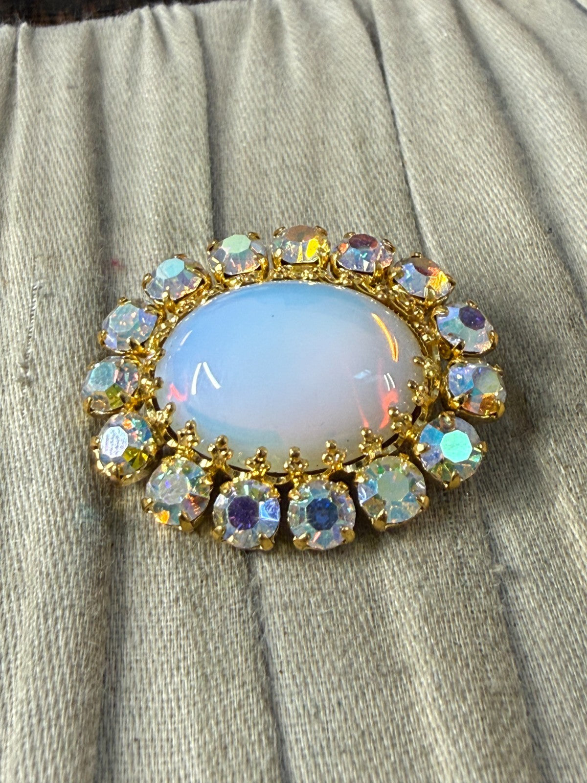 Vintage Aurora Borealis Rhinestone Brooch Gold Tone Pin Opaline Glass Cabochon