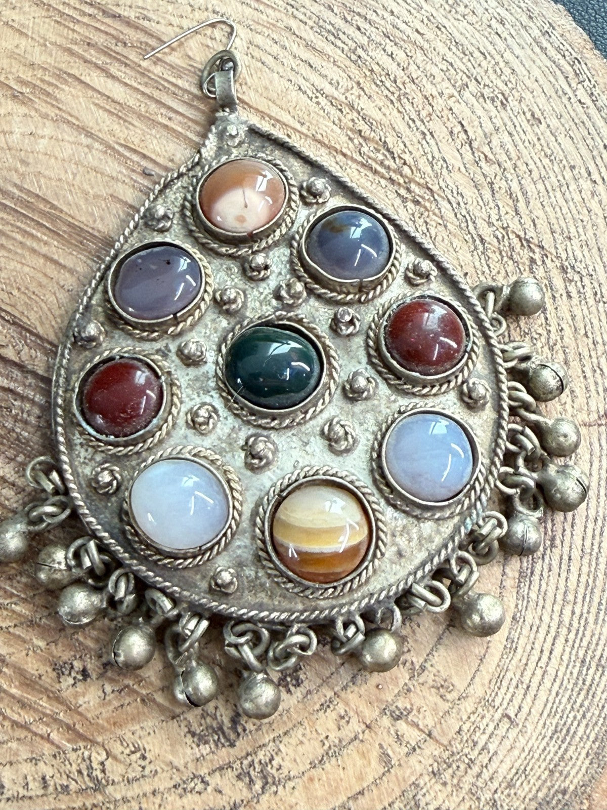 Vintage Tibetan Himalayan Tribal Earrings Agate Silver Tone Bell Drop Dangle