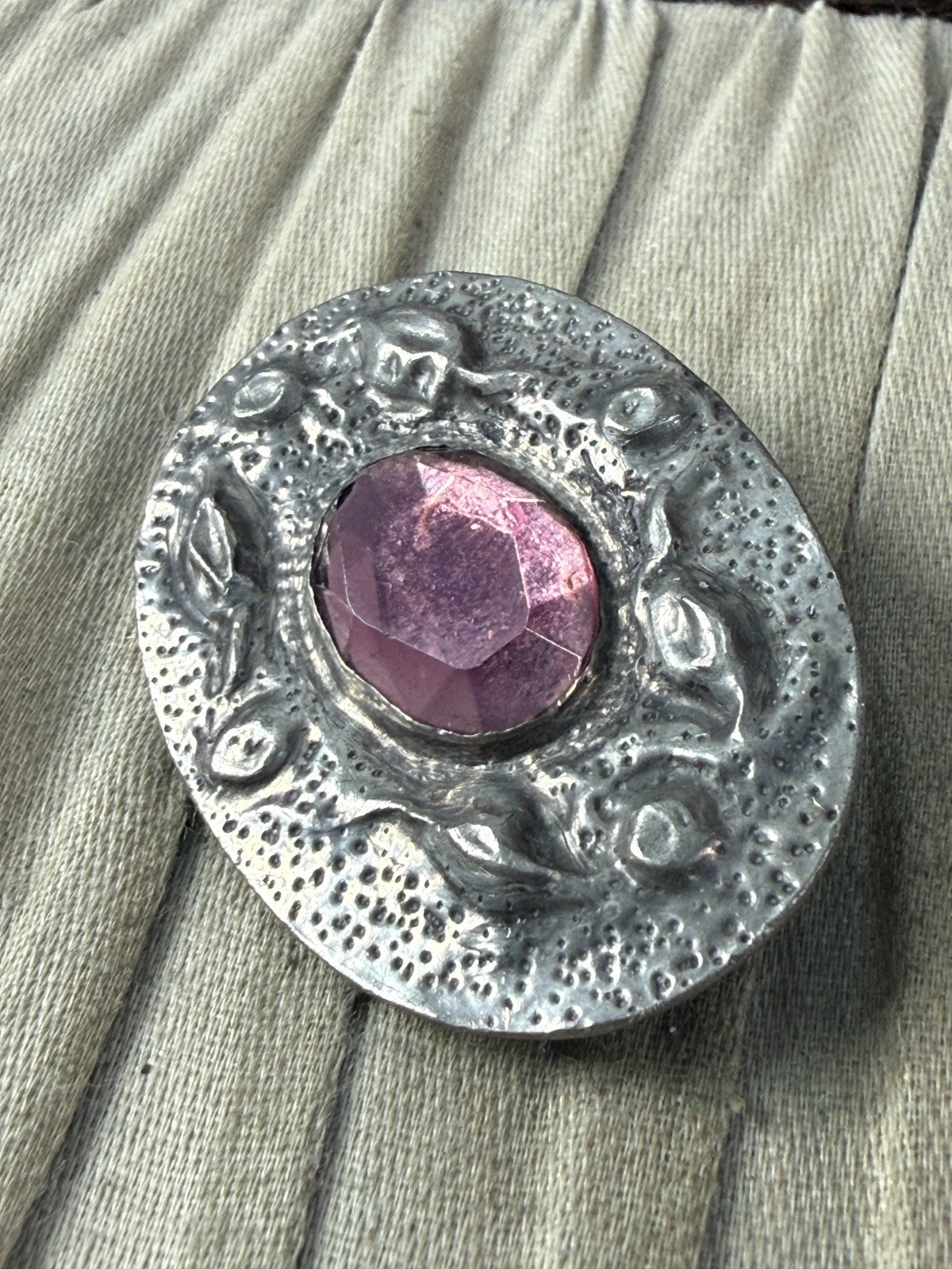 Vintage Ruskin Style Oval Brooch Arts & Crafts Pewter Purple Glass Oval Pin