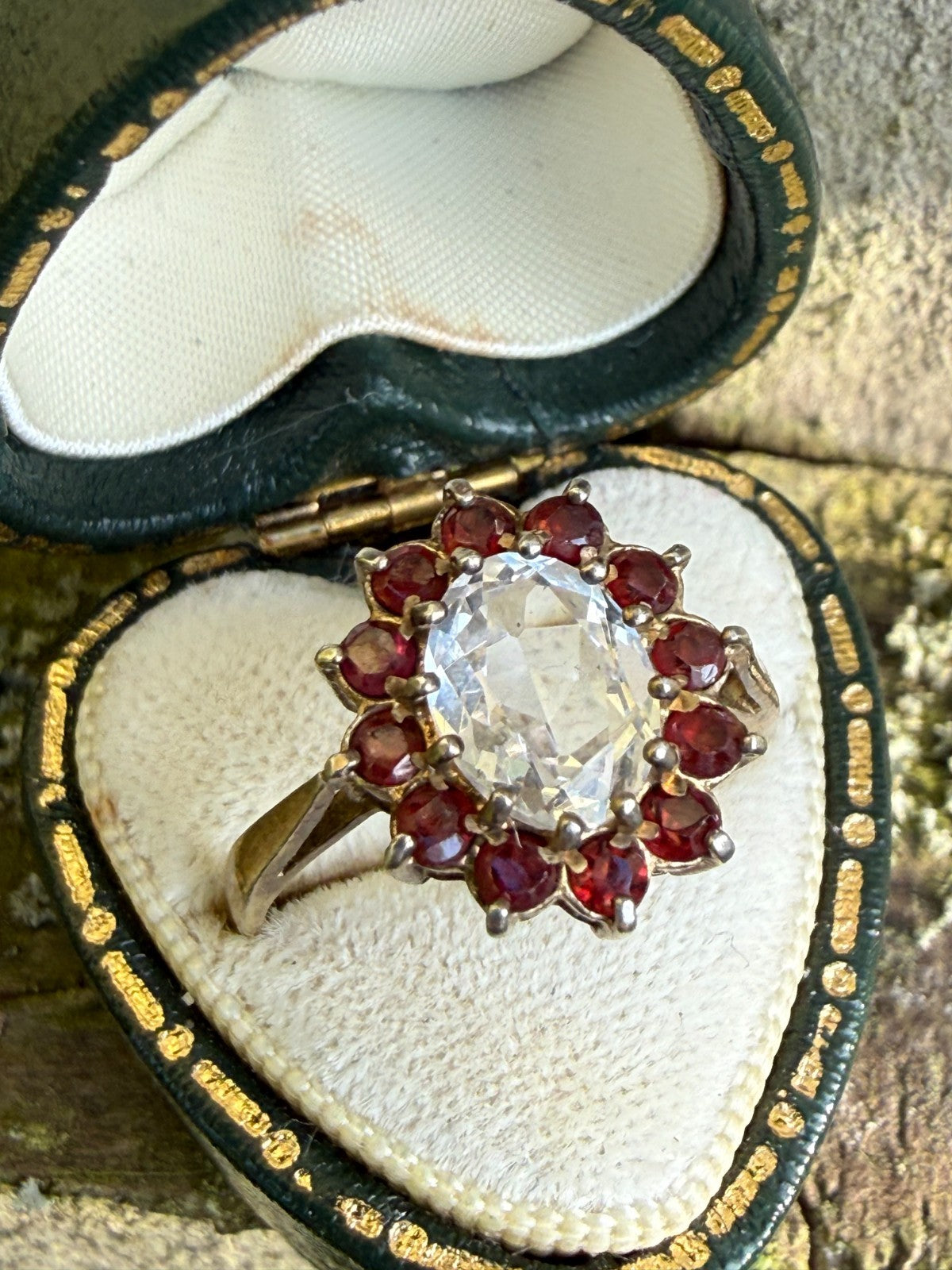 Vintage Silver Milky Quartz Ring Red Glass Rhinestone Cluster Cocktail Size M