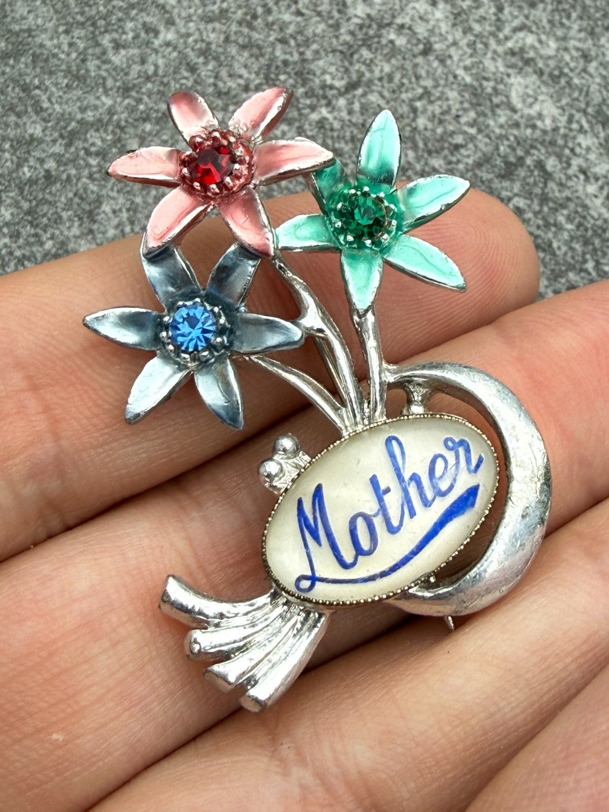 Vintage Mother Brooch Silver Tone Flower Pin Grandmother Mum Mom Colourful