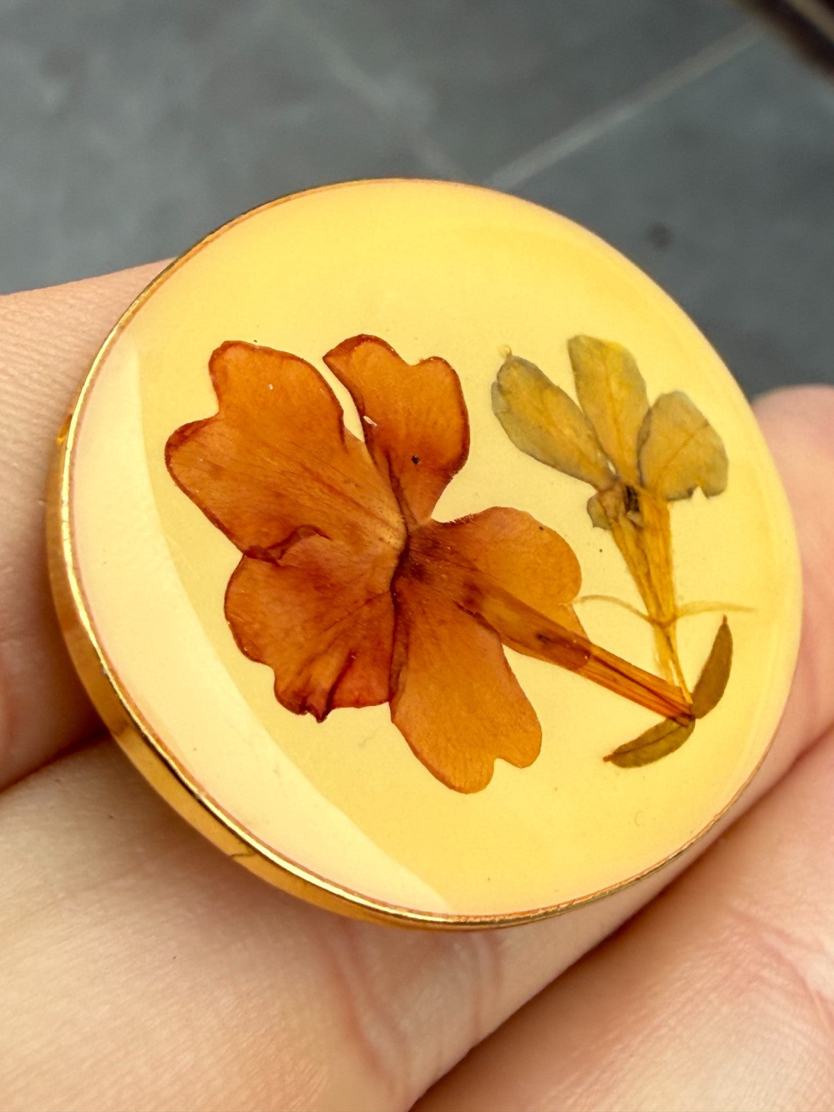 Vintage Pressed Flowers Brooch Gold Tone Oval Pin Dried Botanical Floral Natural