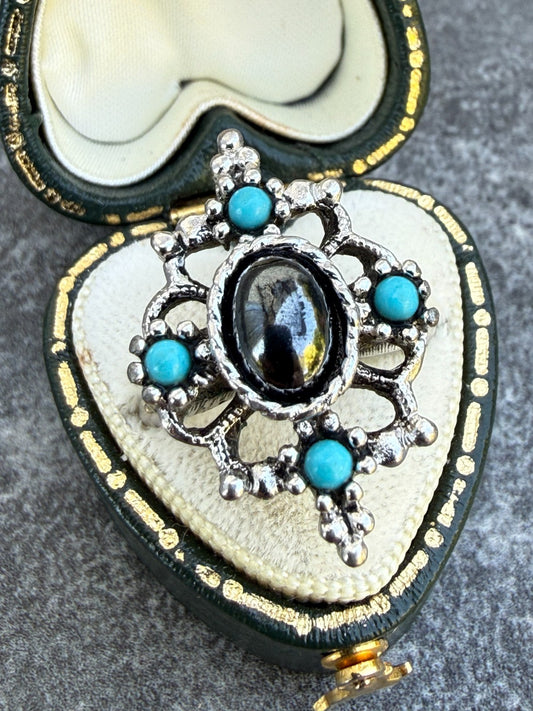 Vintage AVON Mirabella Ring Hematite Faux Turquoise Silver Tone 1970s Size L