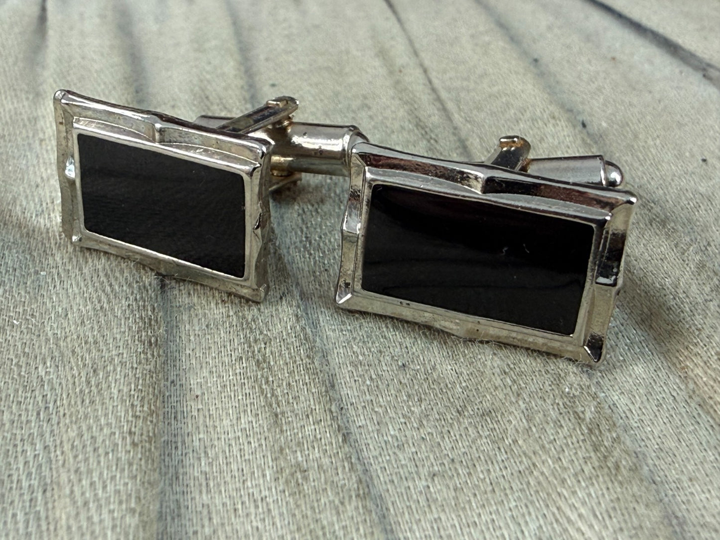 Vintage Black Glass Panel Cufflinks Pale Tone Fancy Retro Mens Gents