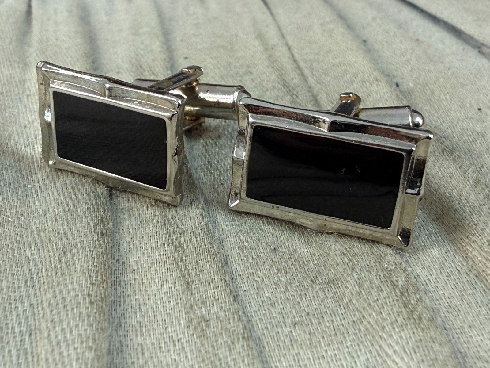 Vintage Black Glass Panel Cufflinks Pale Tone Fancy Retro Mens Gents
