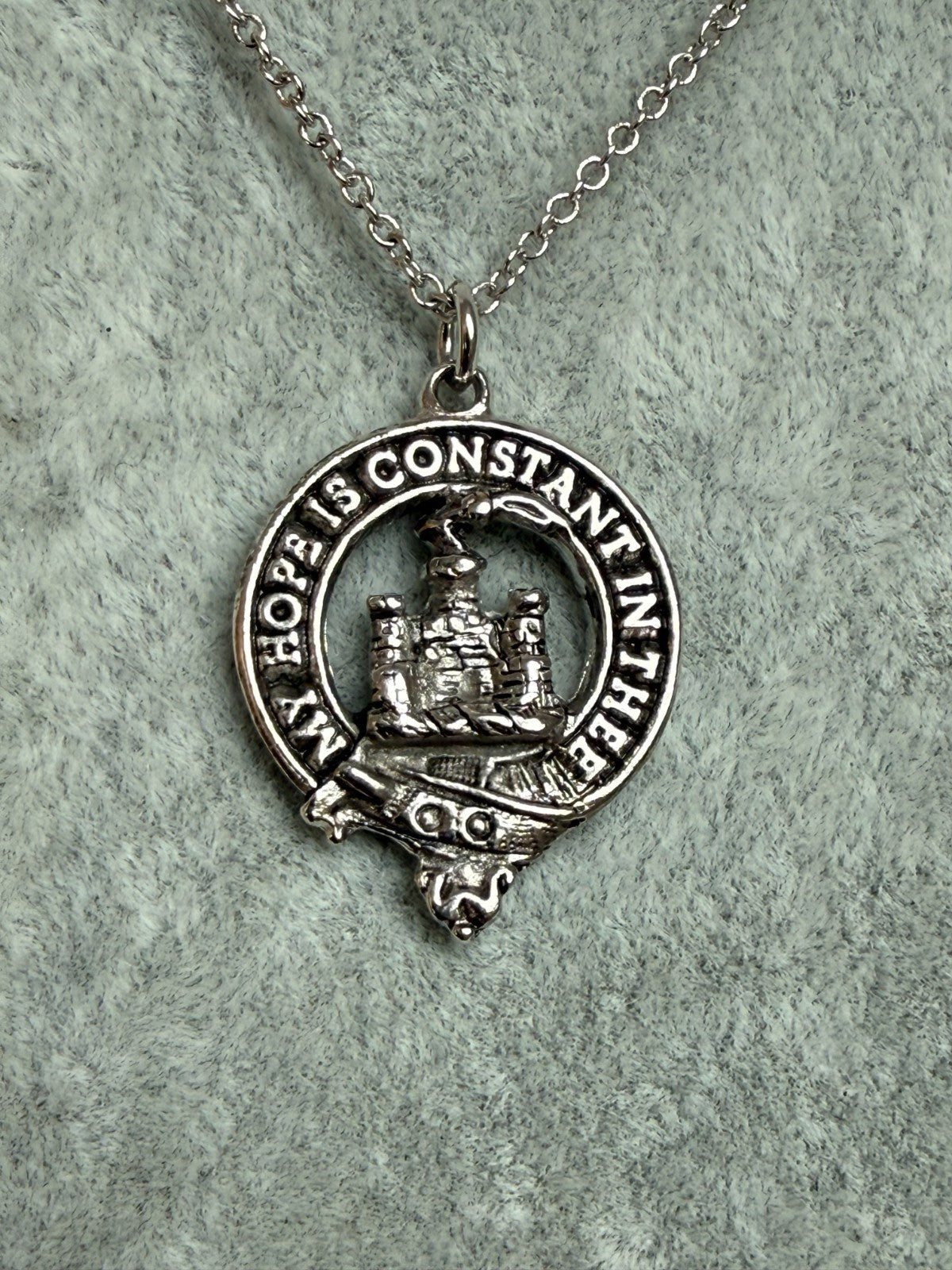 Vintage Silver Tone Clan Douglas Crest Pendant Necklace Scottish Motto Celtic