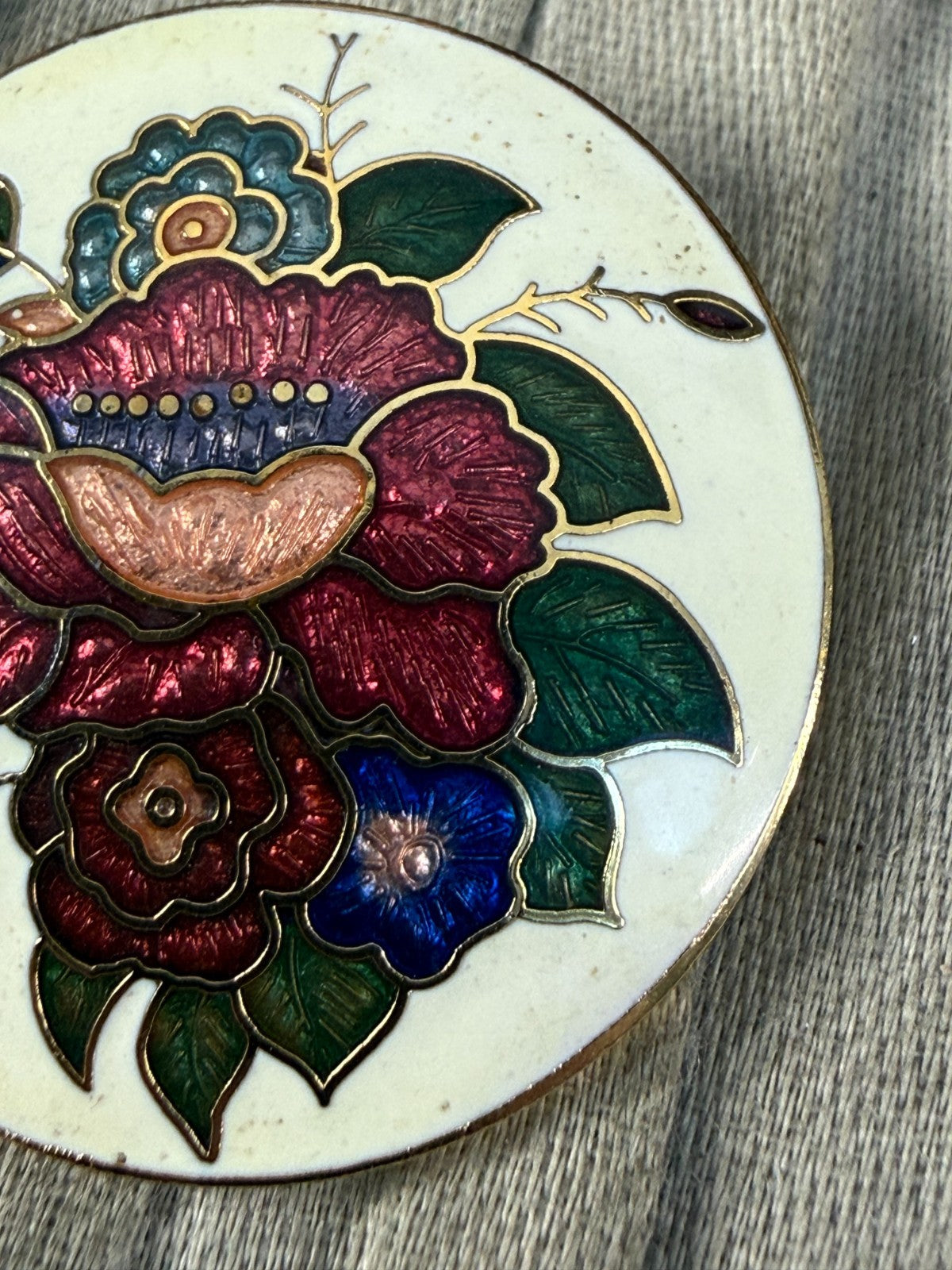 Vintage Cloisonné Enamel Floral Brooch Multicolour Flower Round Gold Tone Pin