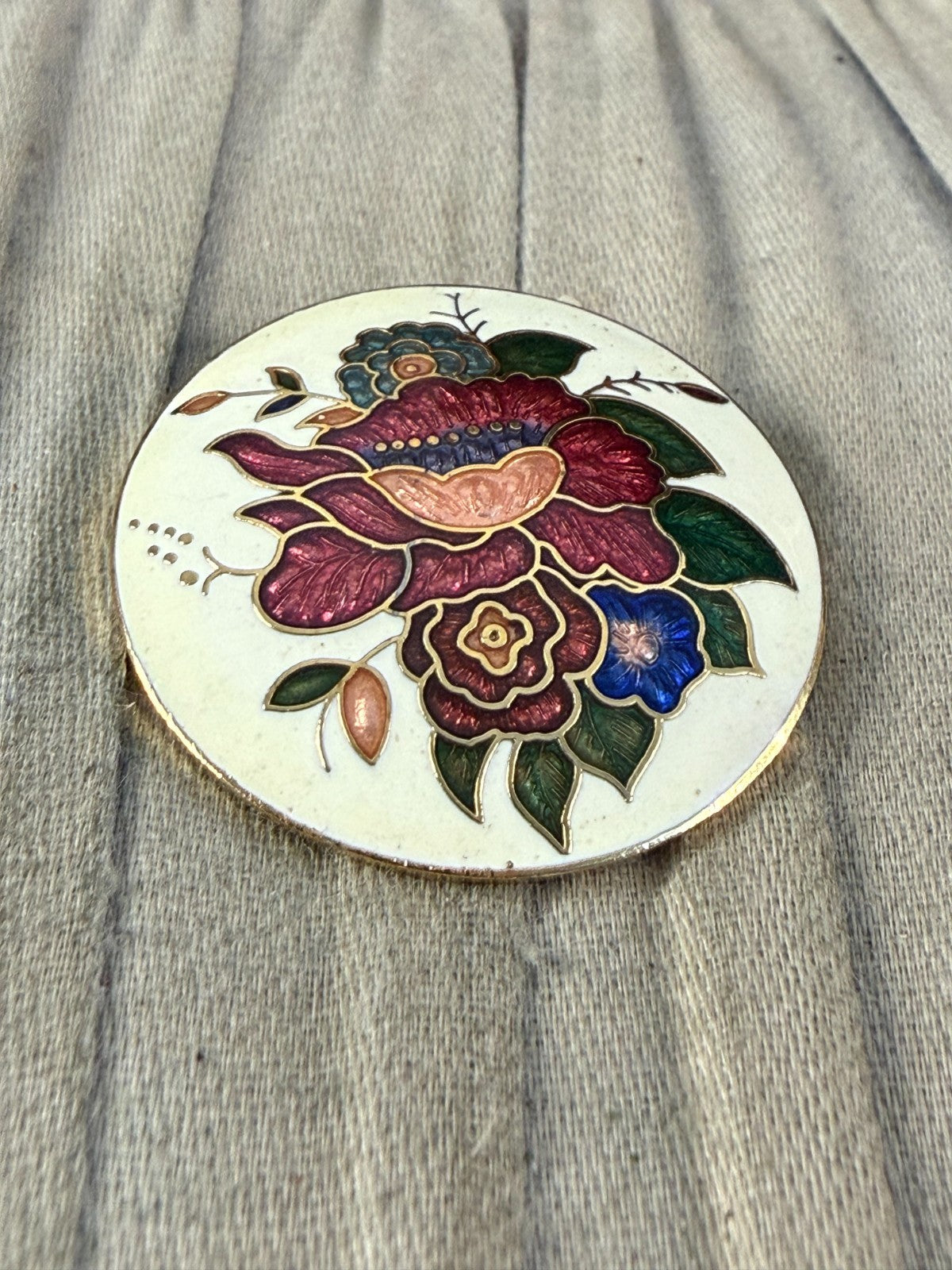 Vintage Cloisonné Enamel Floral Brooch Multicolour Flower Round Gold Tone Pin