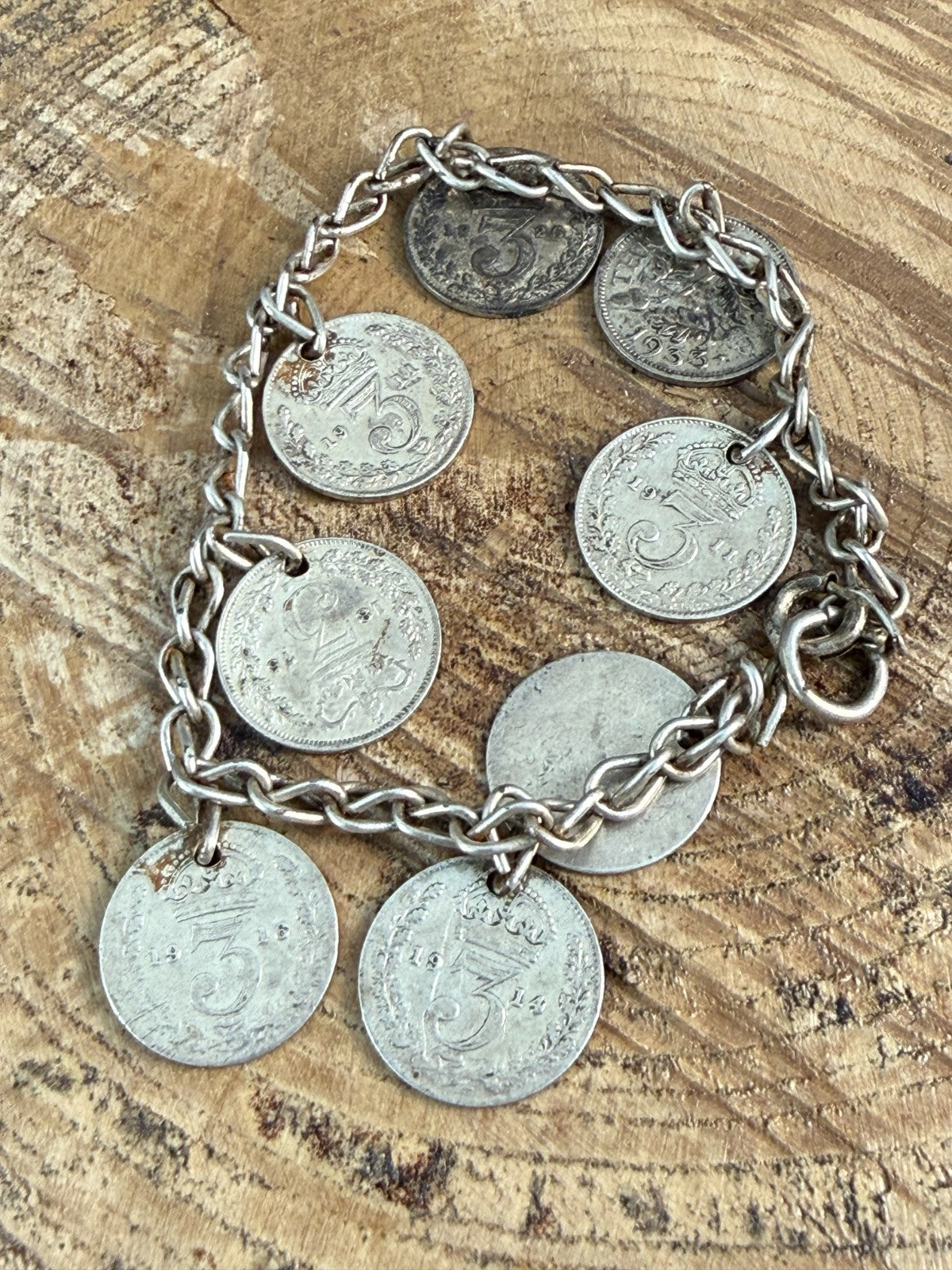 Antique Victorian George V Silver Threepenny Bit Coin Charm Bracelet 1867-1935