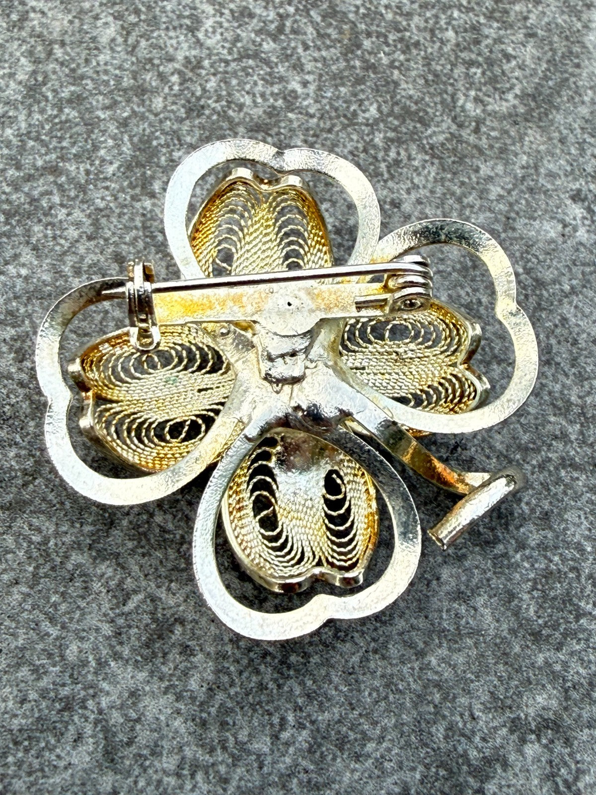 Vintage Four Leaf Clover Brooch Silver Tone Pin Floral Filigree Mid Century
