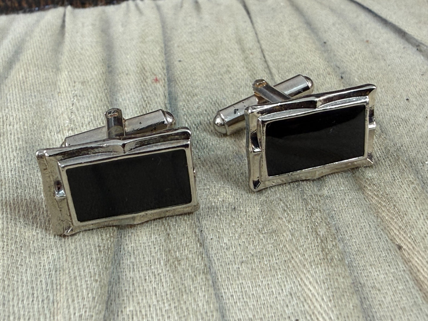 Vintage Black Glass Panel Cufflinks Pale Tone Fancy Retro Mens Gents