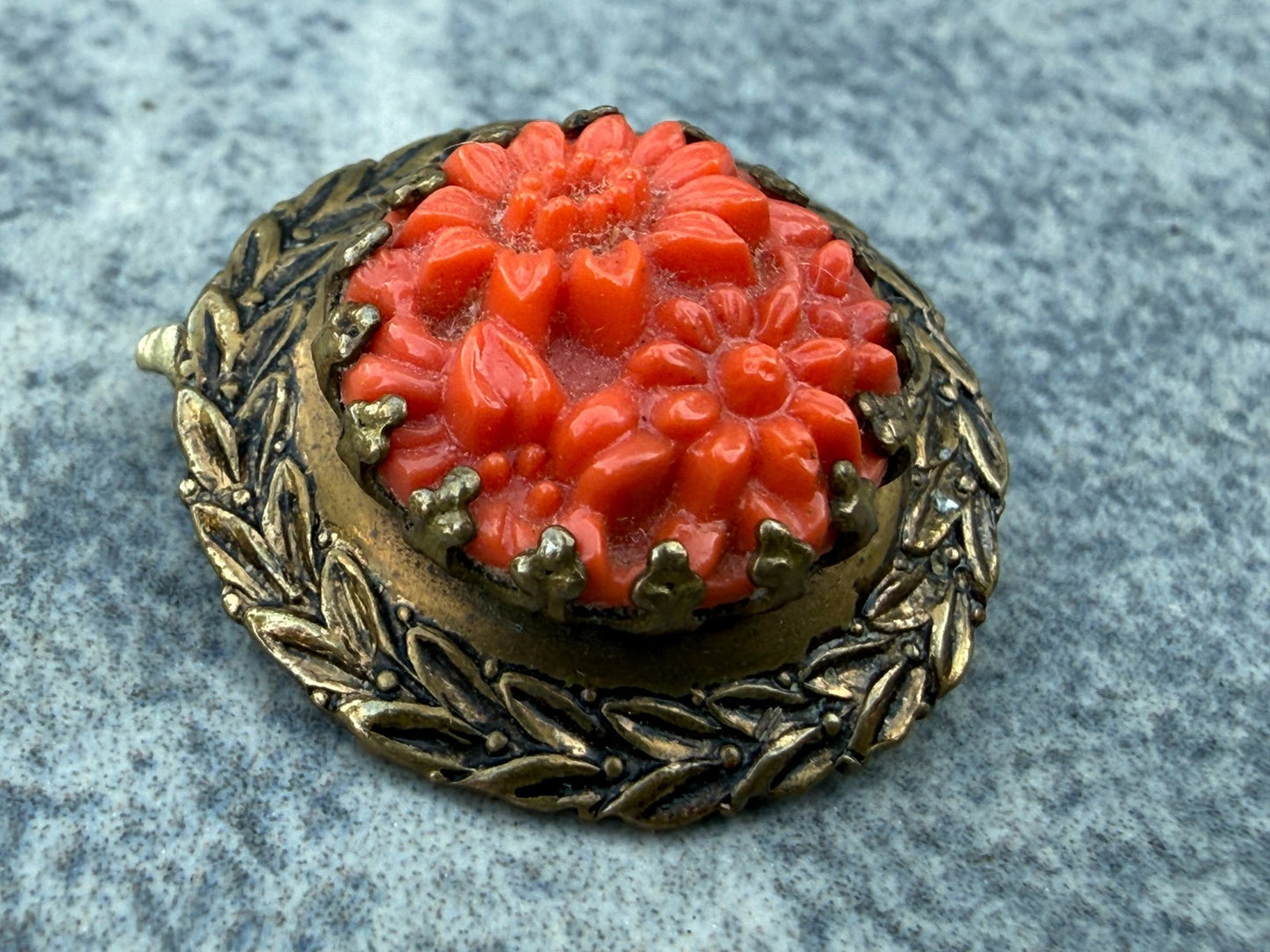 Antique Art Deco Brooch Red Celluloid Floral Pin Faux Coral Gold Tone Lapel